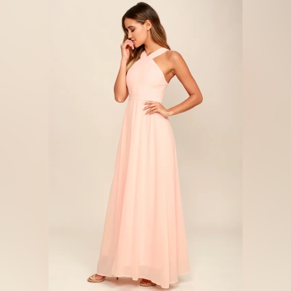 Lulu's Air of Romance Maxi Dress Peach Pink Floor Length Bridesmaid Size Large.